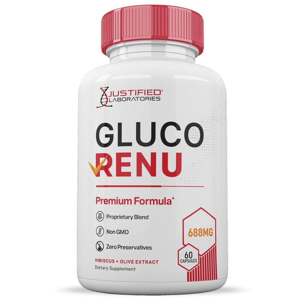 Justified Laboratories Gluco Renu packaging box presenting premium formula.