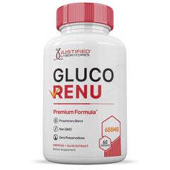 Justified Laboratories Gluco Renu packaging box presenting premium formula.