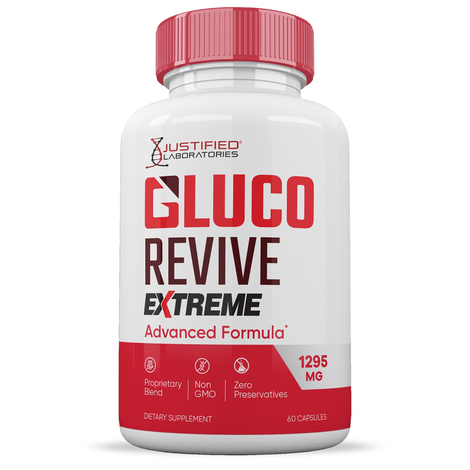 Justified Laboratories Gluco Revive Extreme label highlights 1295mg potency and vitamins.