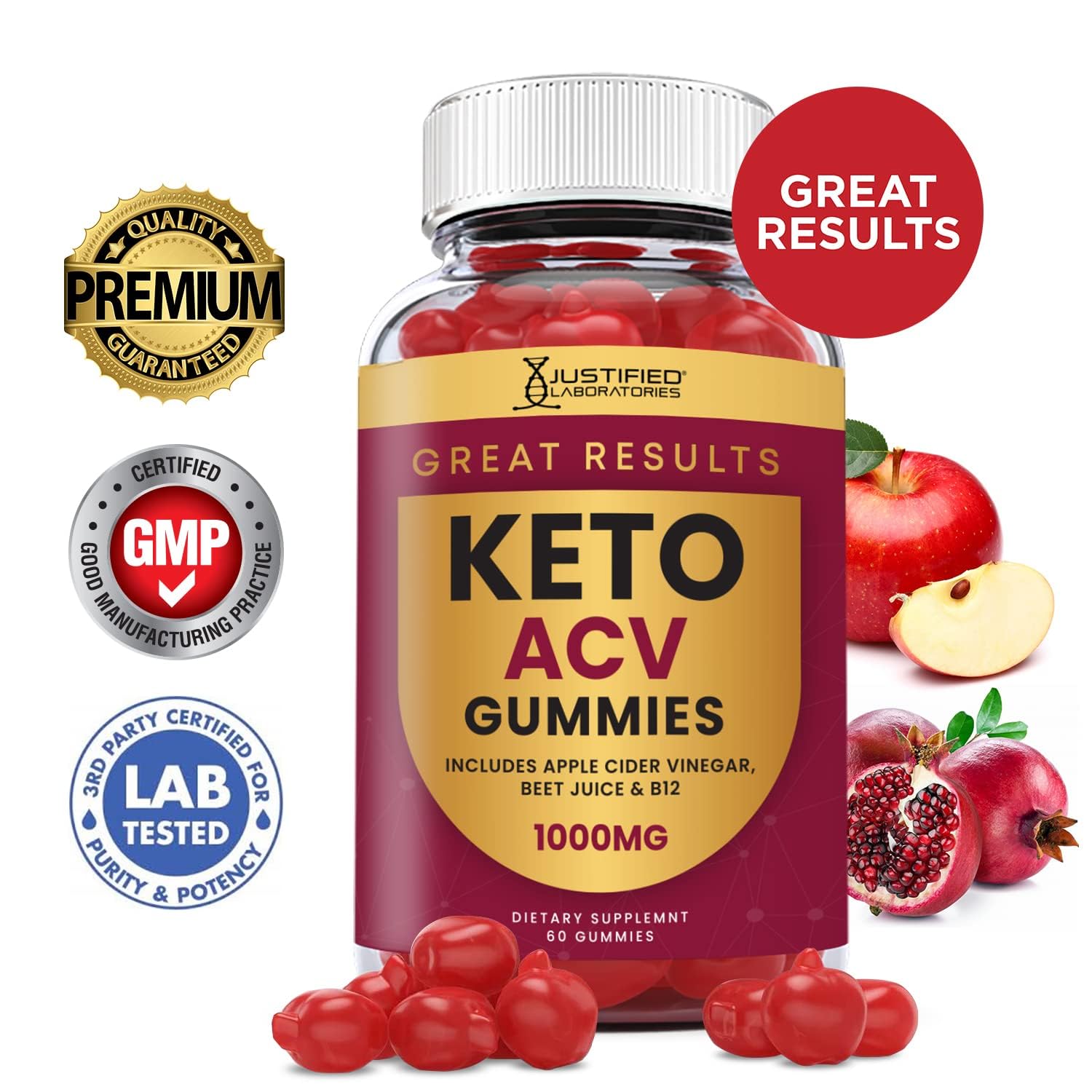 Justified Laboratories Great Results Keto ACV Gummies apple cider vinegar visual supports daily energy.