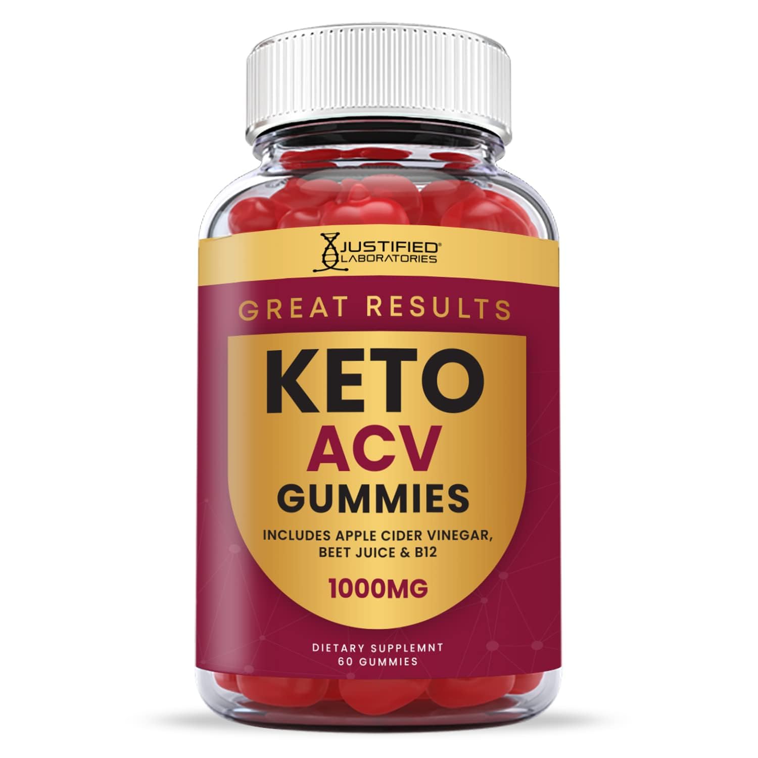 Justified Laboratories Great Results Keto ACV Gummies beet juice and pomegranate notes enhance flavor.