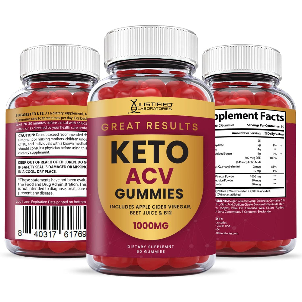 Justified Laboratories Great Results Keto ACV Gummies ingredients closeup emphasizes texture and quality.