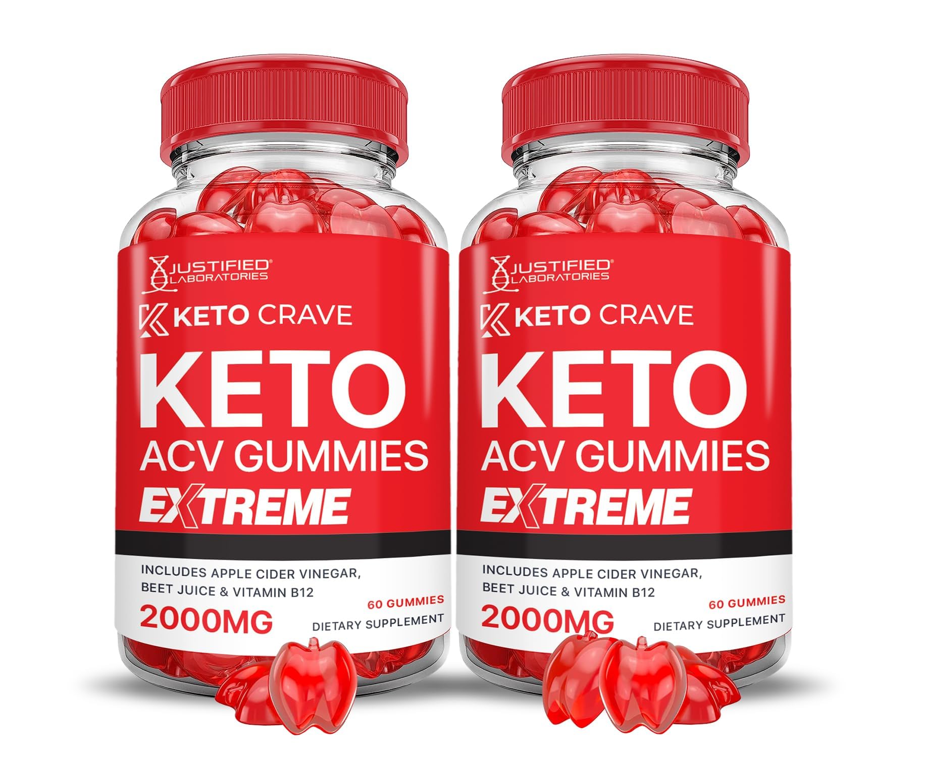 Justified Laboratories Keto ACV Gummies 2-pack bottle front highlights daily convenience.