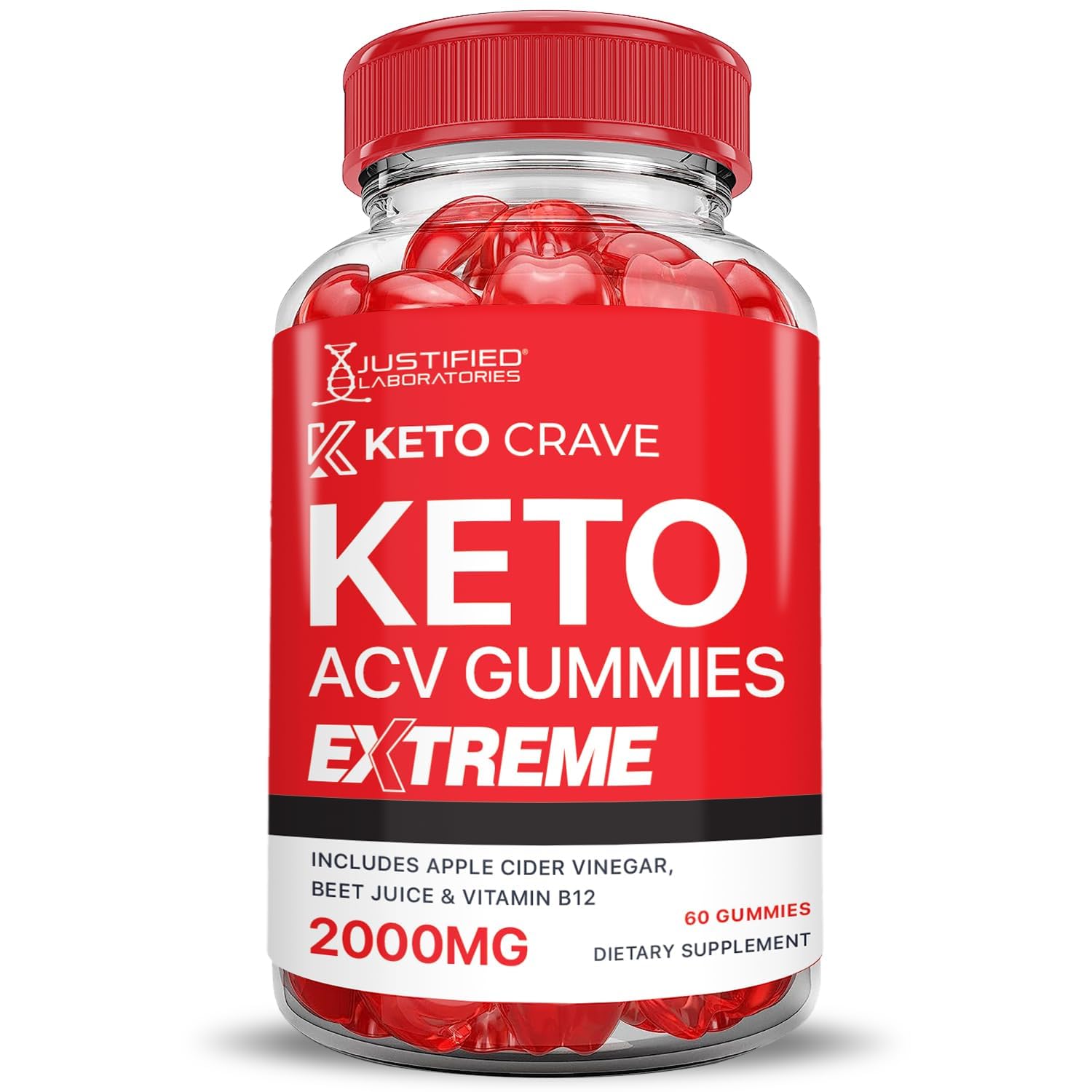Justified Laboratories Keto ACV Gummies with B12 and folate for potential energy support.