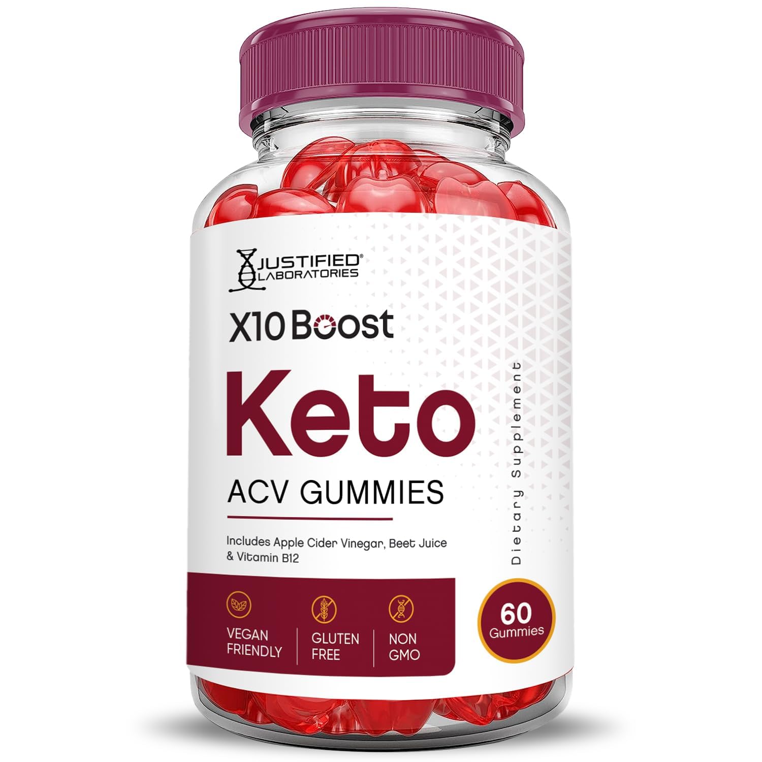 Justified Laboratories keto ACV gummies label closeup, vegan non-GMO ingredients.