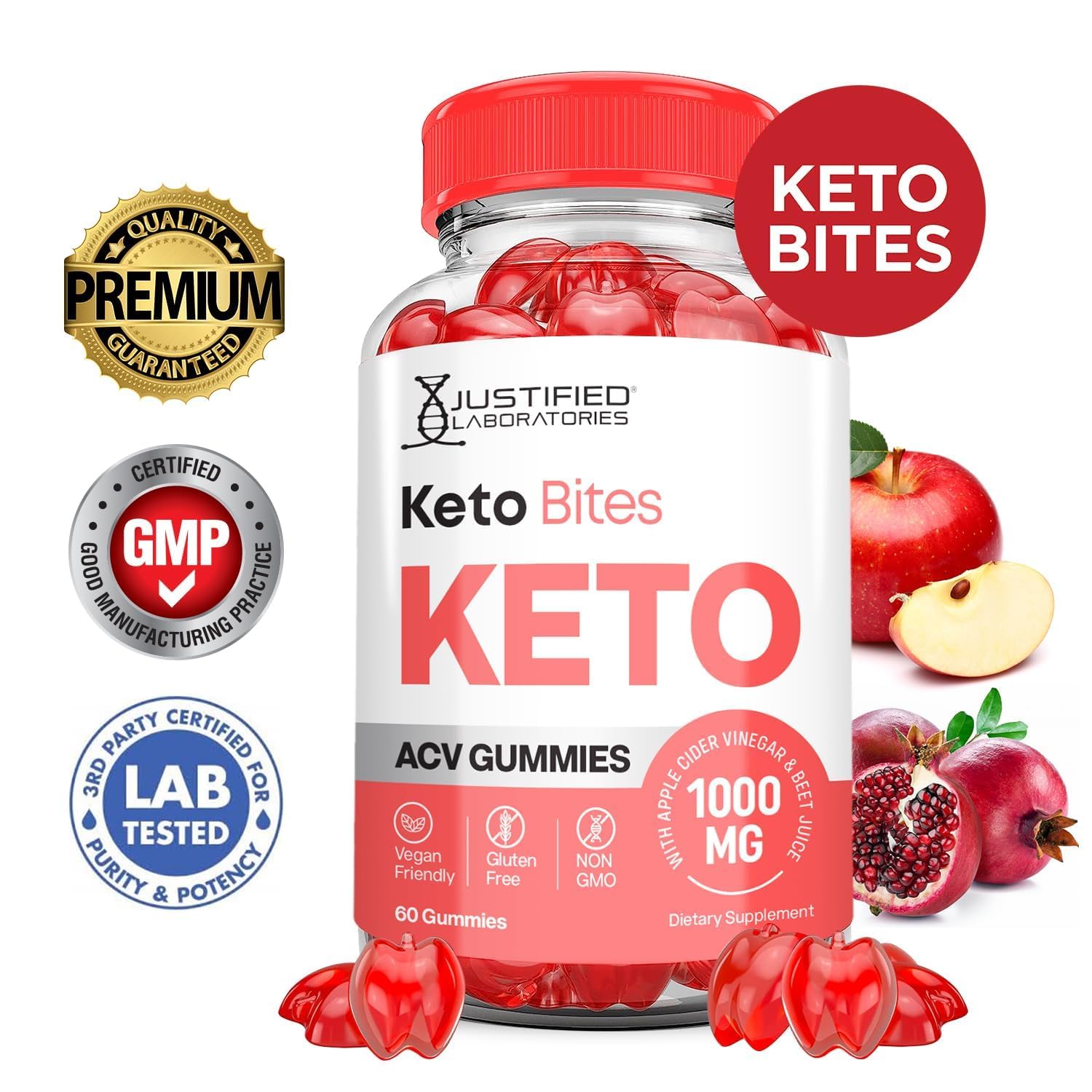 Justified Laboratories Keto Bites pomegranate flavor gummy for a tasty bite.