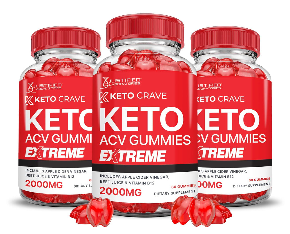 Justified Laboratories Keto Crave gummies 3-pack on countertop for easy daily cravings support.