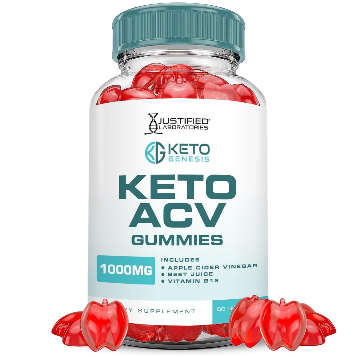 Justified Laboratories Keto Genesis ACV Gummies bottle-front shows vegan formula.