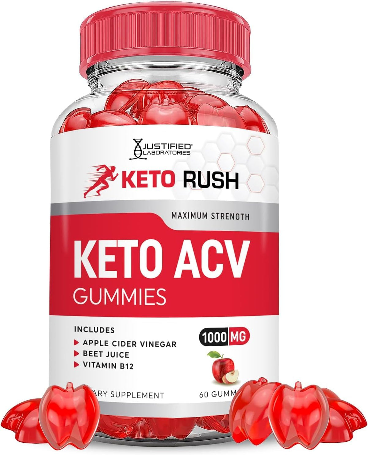 Justified Laboratories Keto Rush ACV Gummies bottle highlights 1000mg ACV for daily use