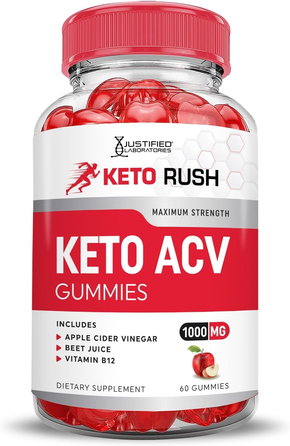 Justified Laboratories Keto Rush ACV Gummies beet and pomegranate ingredients visible