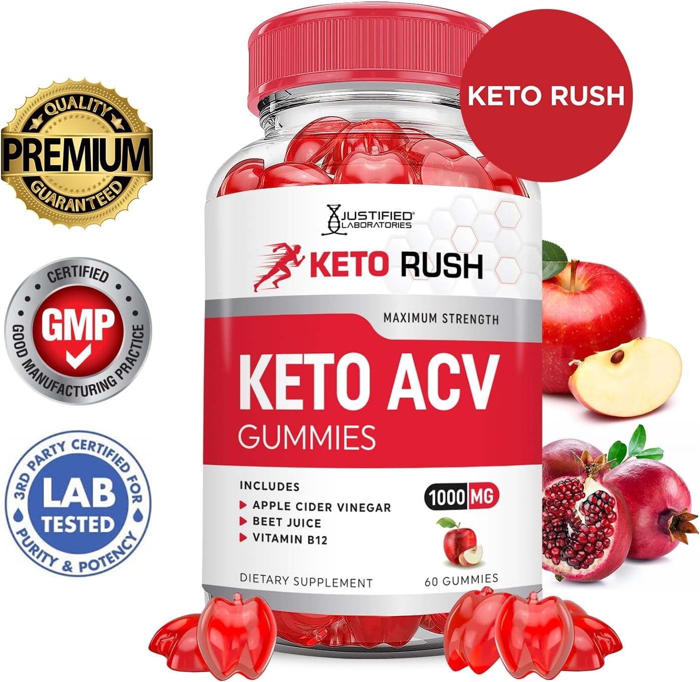 Justified Laboratories Keto Rush ACV Gummies close-up shows juicy texture and flavor