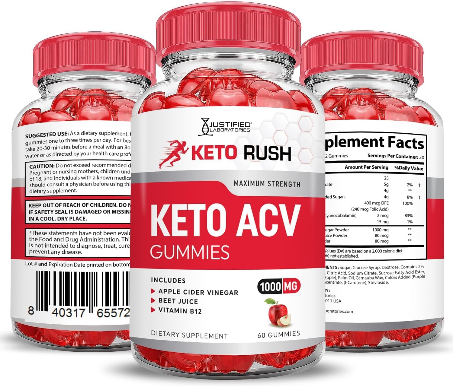 Justified Laboratories Keto Rush ACV Gummies packaging on shelf shows vegan notes