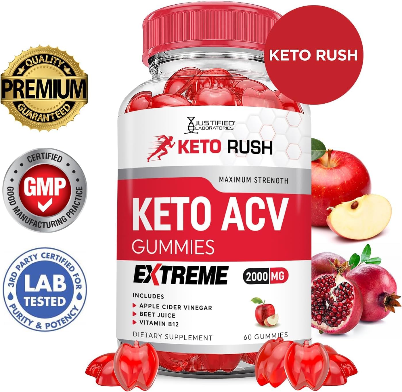 Justified Laboratories Keto Rush gummies highlight vitamin B12 and folate benefits.