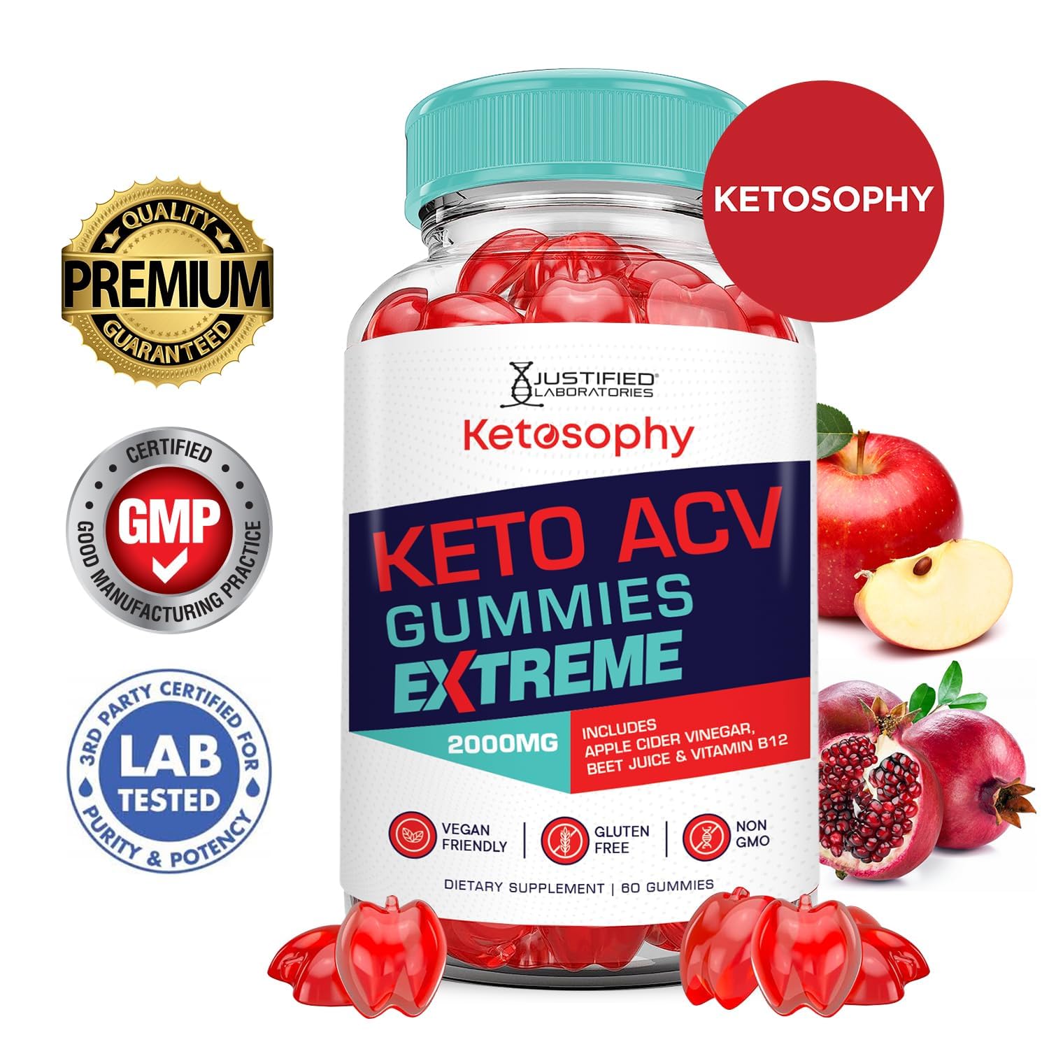 Justified Laboratories Ketosophy gummies label; clean vegan formula at a glance.