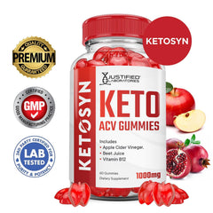 Justified Laboratories Ketosyn Keto Gummies display with apple cider vinegar cue.