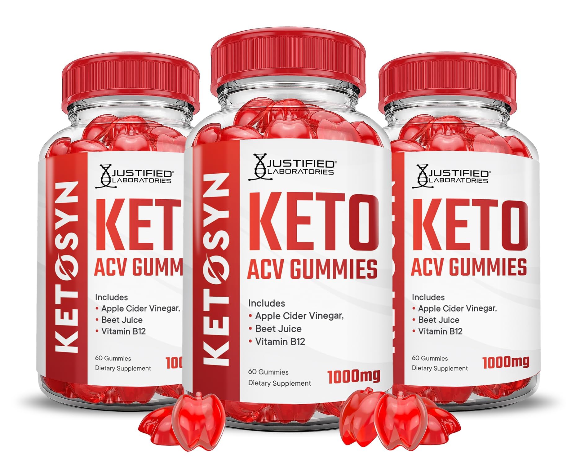 Justified Laboratories Ketosyn Keto Gummies bottle with 3-pack for daily use.
