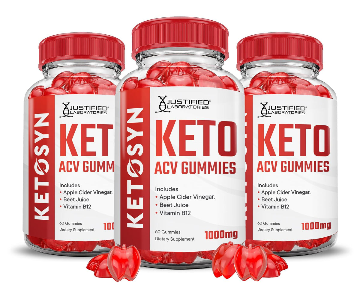 Justified Laboratories Ketosyn Keto Gummies bottle with 3-pack for daily use.