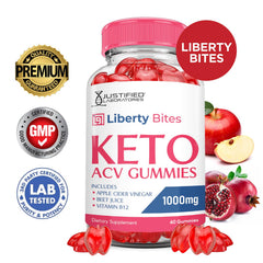 Justified Laboratories Liberty Bites gummy bottle close-up highlighting convenient, tasty apple cider vinegar support.