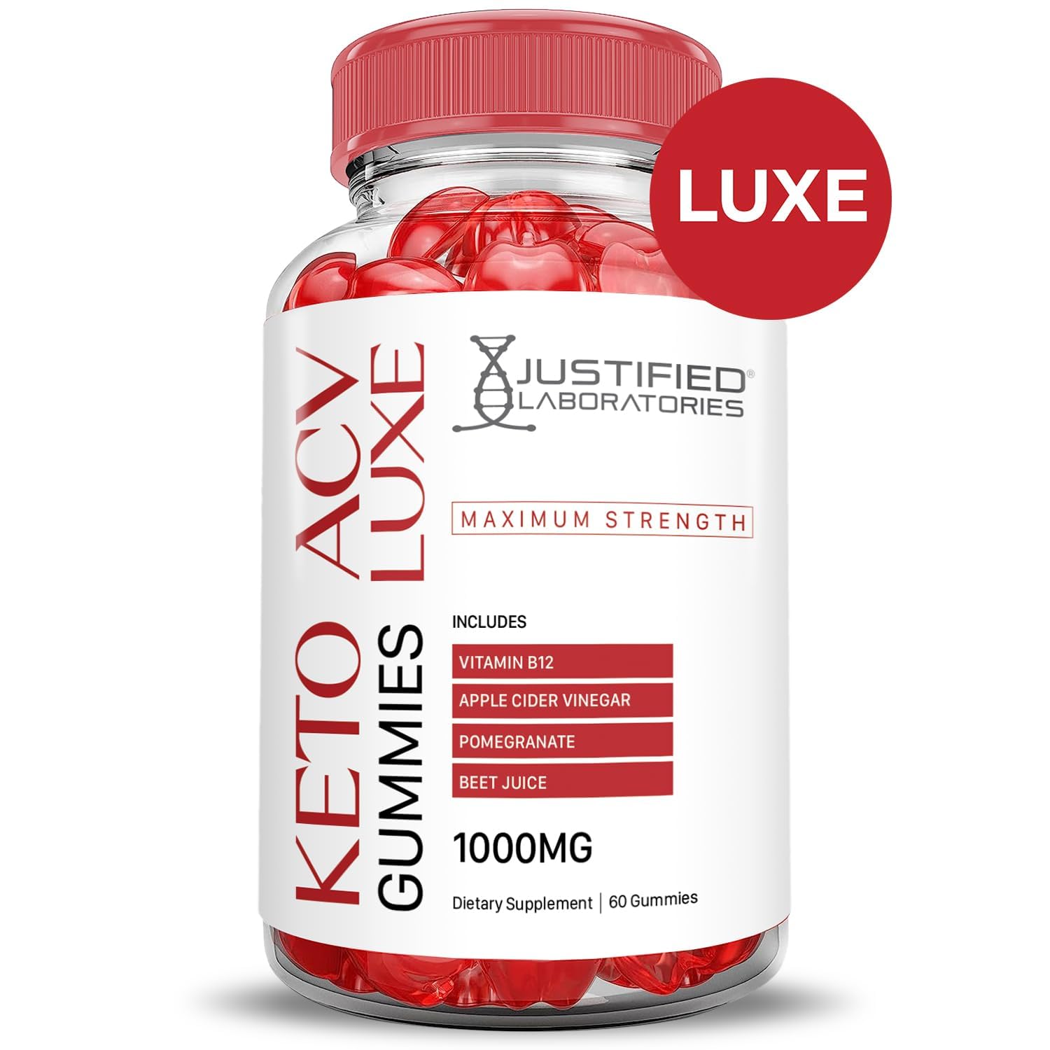 Justified Laboratories Luxe Keto ACV Gummies jar open against a clean backdrop