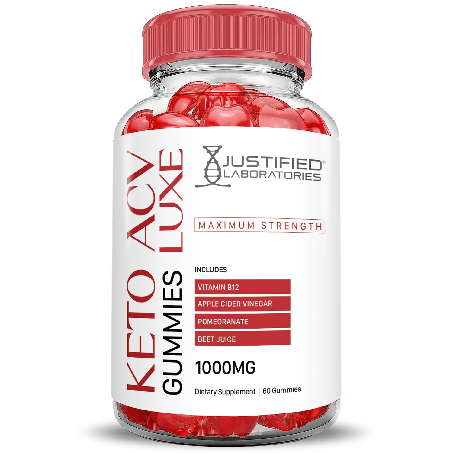 Justified Laboratories Luxe Keto ACV Gummies packaging featuring pomegranate and beet imagery