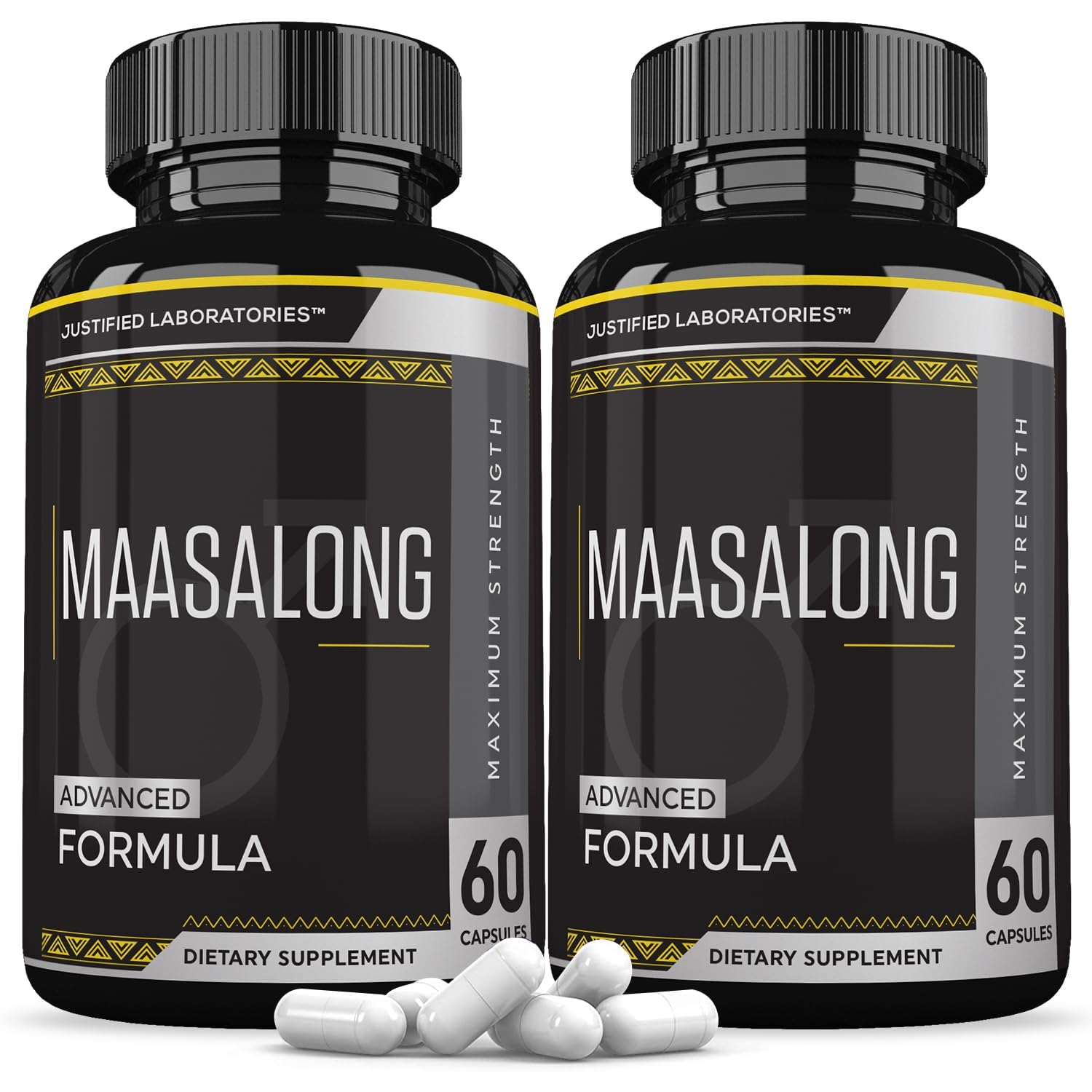 Justified Laboratories Maasalong bottle close-up highlighting premium capsule formulation for daily wellness