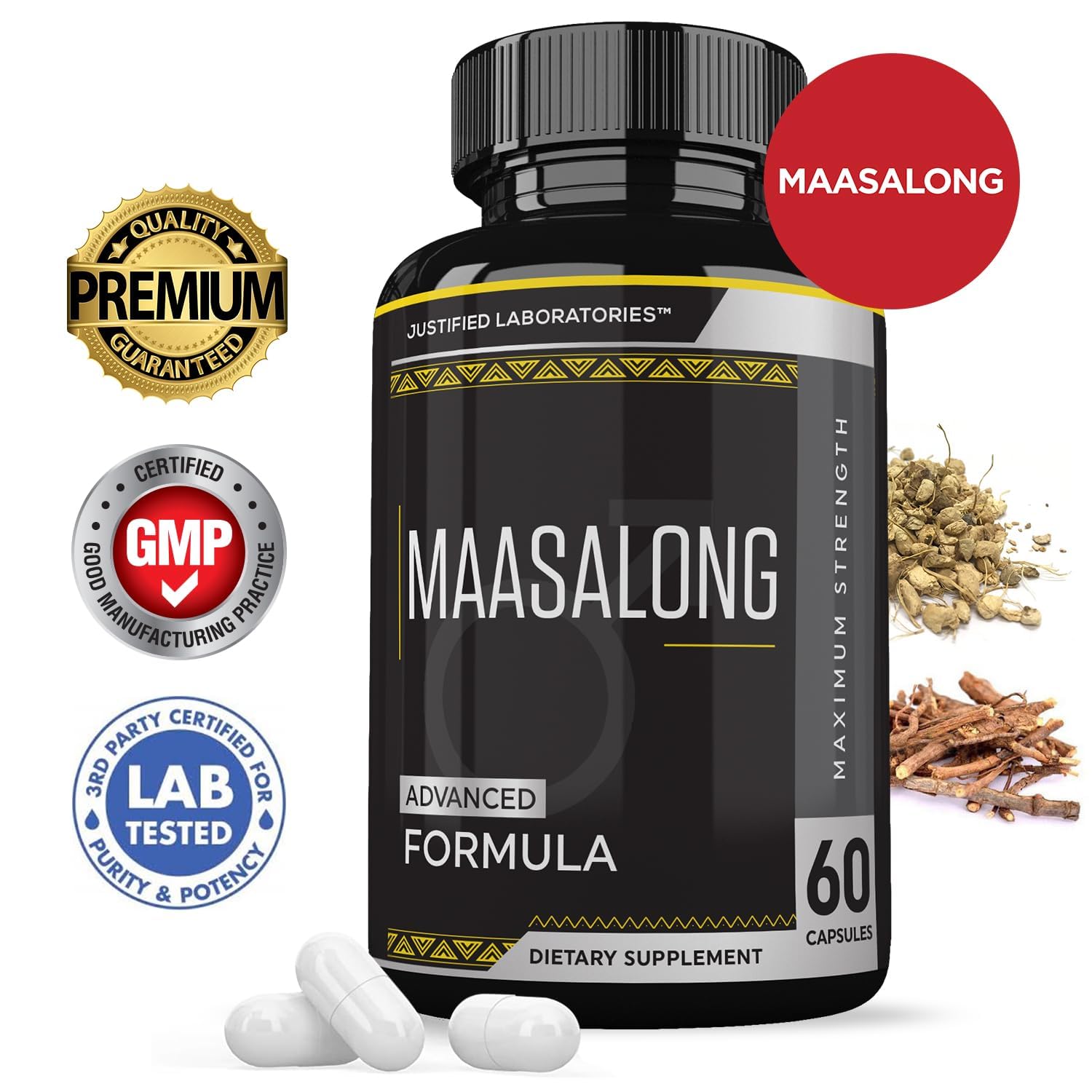 Justified Laboratories Maasalong label detail with clear ingredients and quality marks