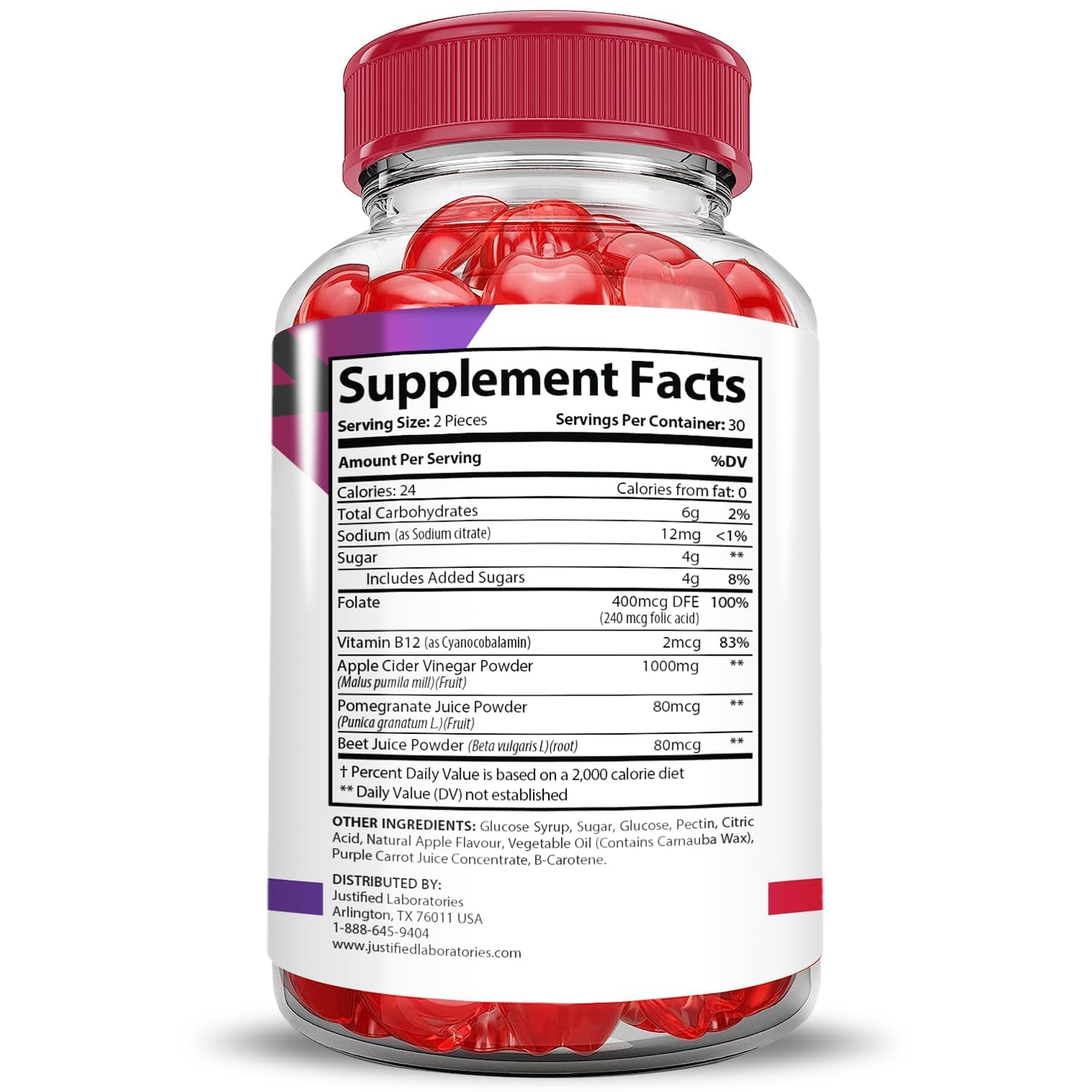 Justified Laboratories Premier Keto ACV Gummies back panel shows vegan, non-GMO formula.