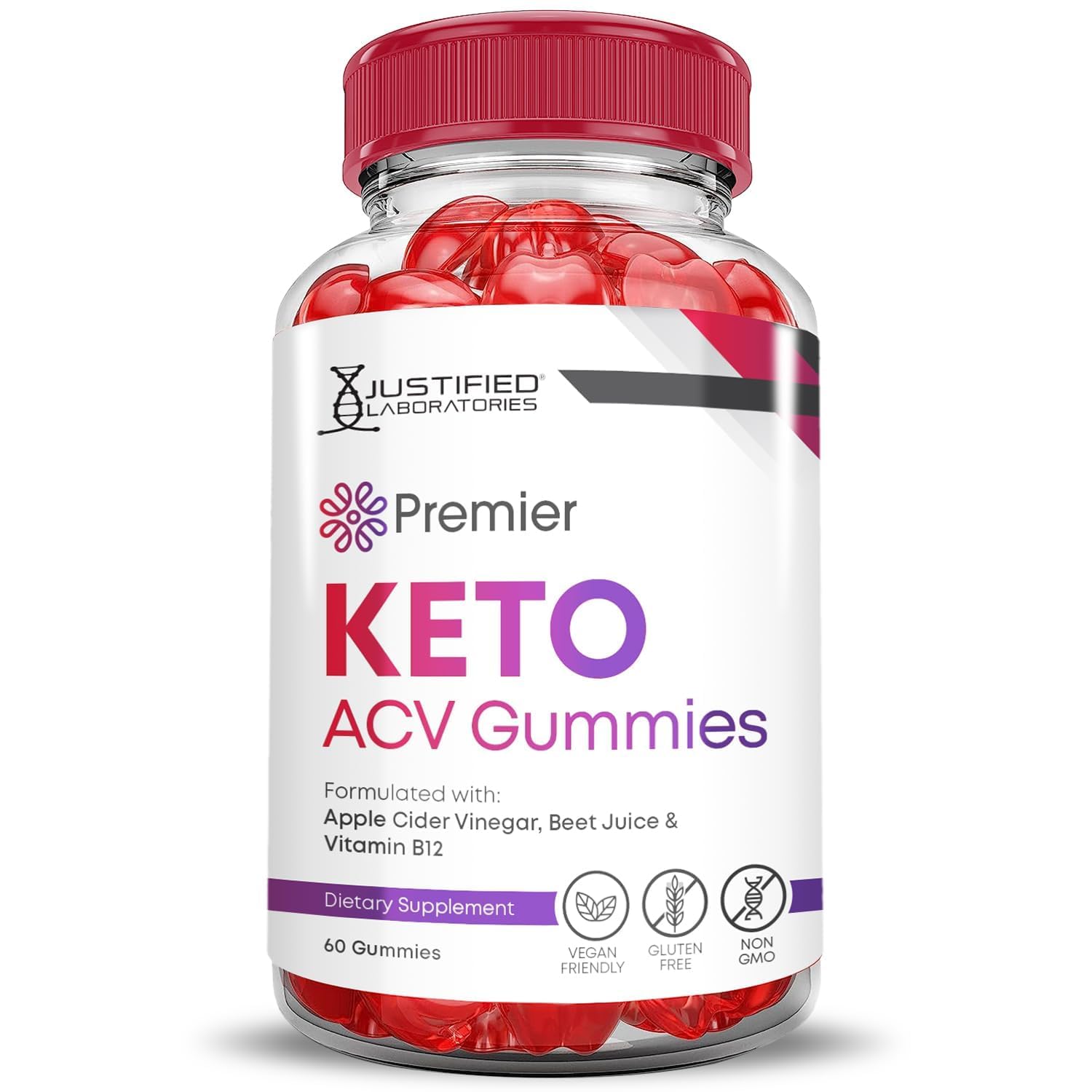 Justified Laboratories Premier Keto ACV Gummies beet juice spotlight highlights added nutrients.