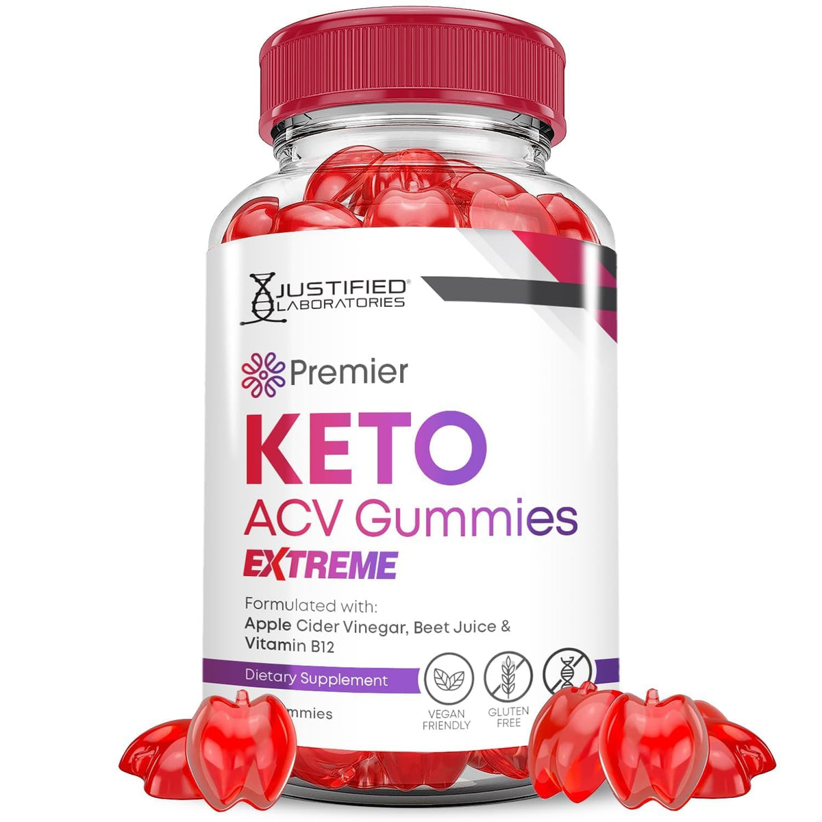 Justified Laboratories Premier Keto ACV gummies bottle front for daily nutritional support.