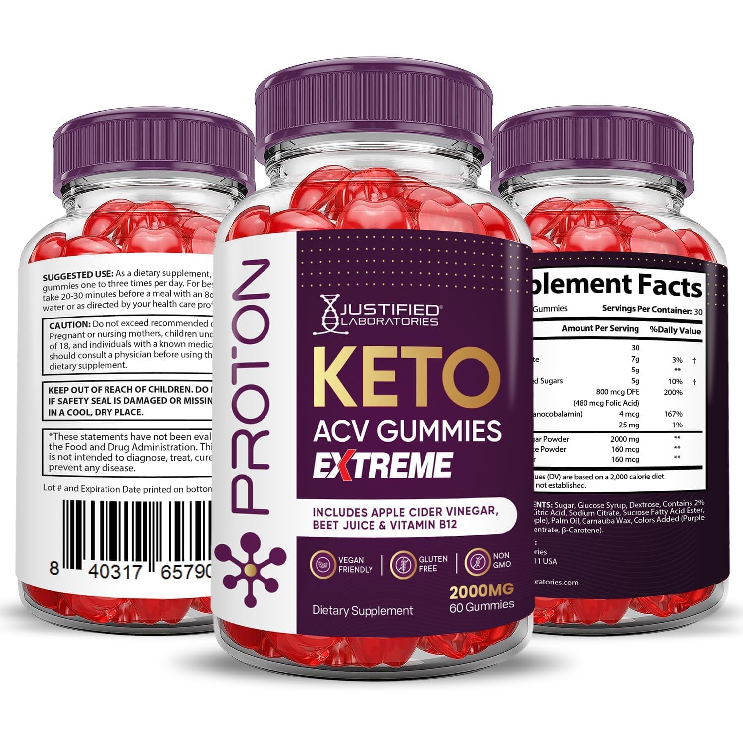 Justified Laboratories Proton Keto ACV gummies on kitchen counter ready to enjoy