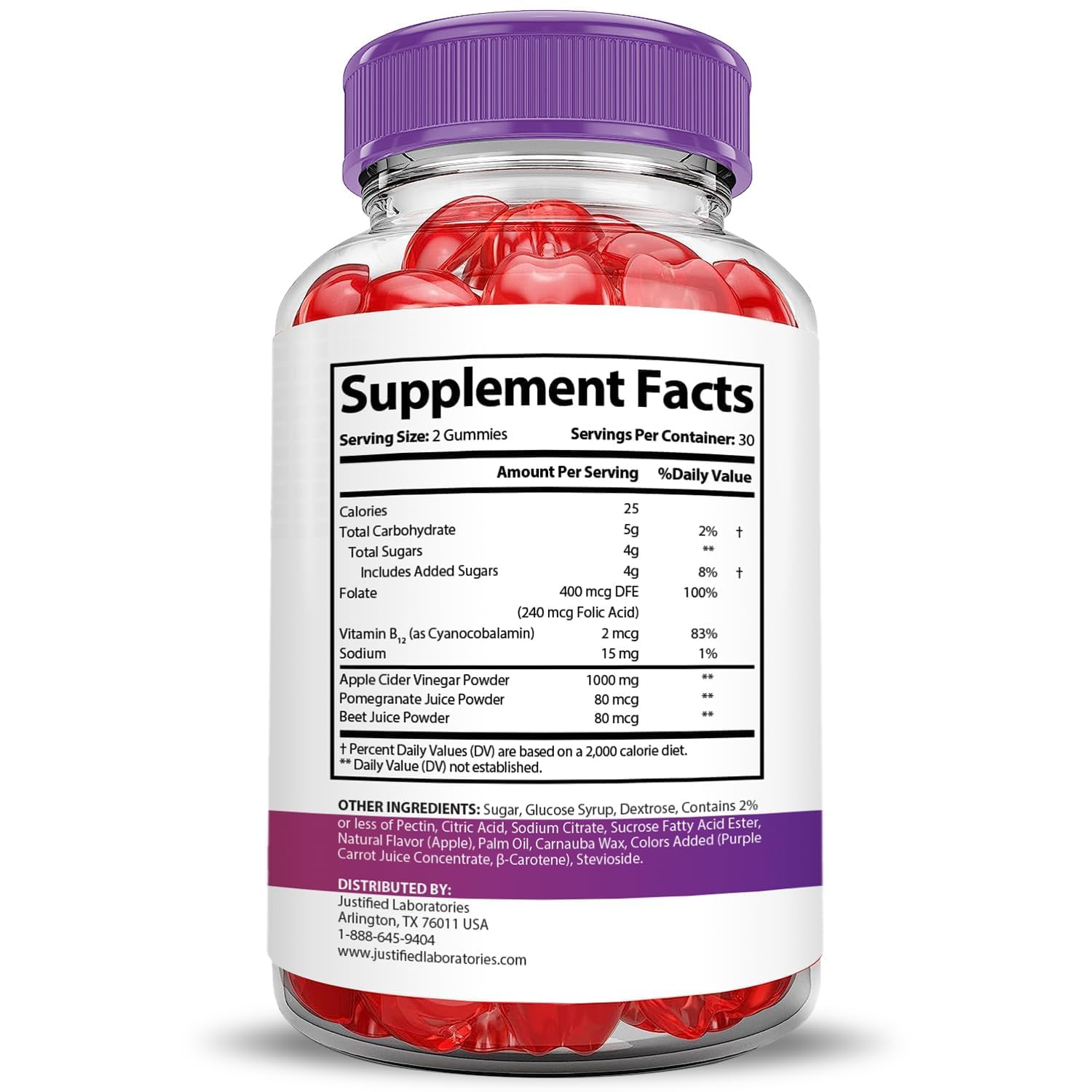 Justified Laboratories Pure Slim Keto ACV Gummies back label shows ingredients for daily support