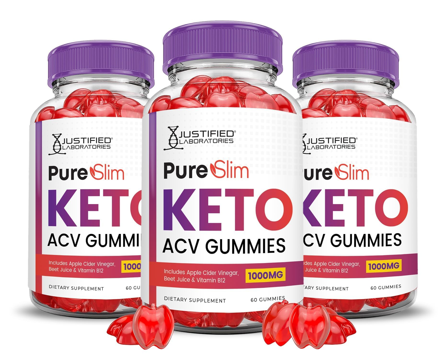 Justified Laboratories Pure Slim Keto ACV Gummies bottle front with three-pack packaging for easy daily use