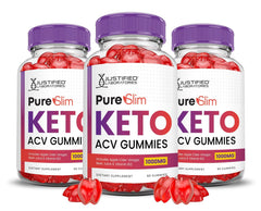 Justified Laboratories Pure Slim Keto ACV Gummies bottle front with three-pack packaging for easy daily use