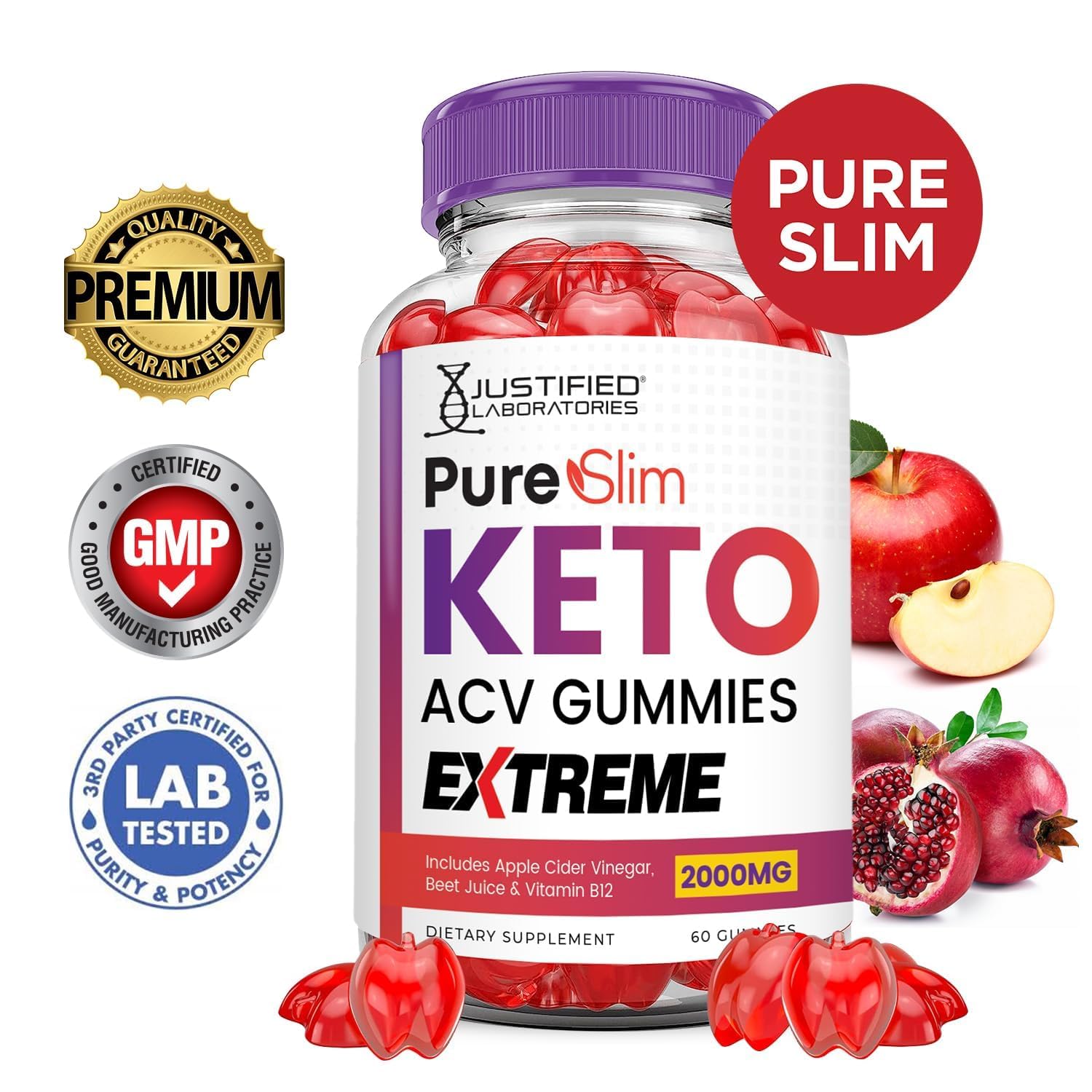 Justified Laboratories Pure Slim Keto Gummies 5-pack packaging display for convenient family use.