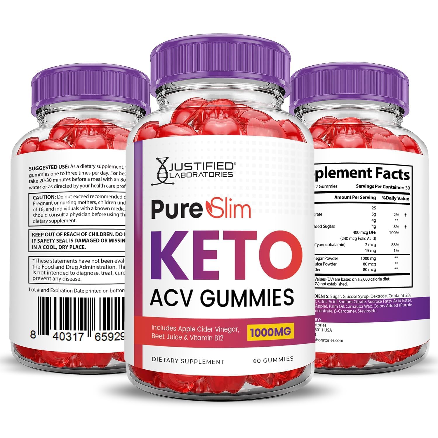 Justified Laboratories Pure Slim Keto ACV Gummies three-pack box communicates value and consistency
