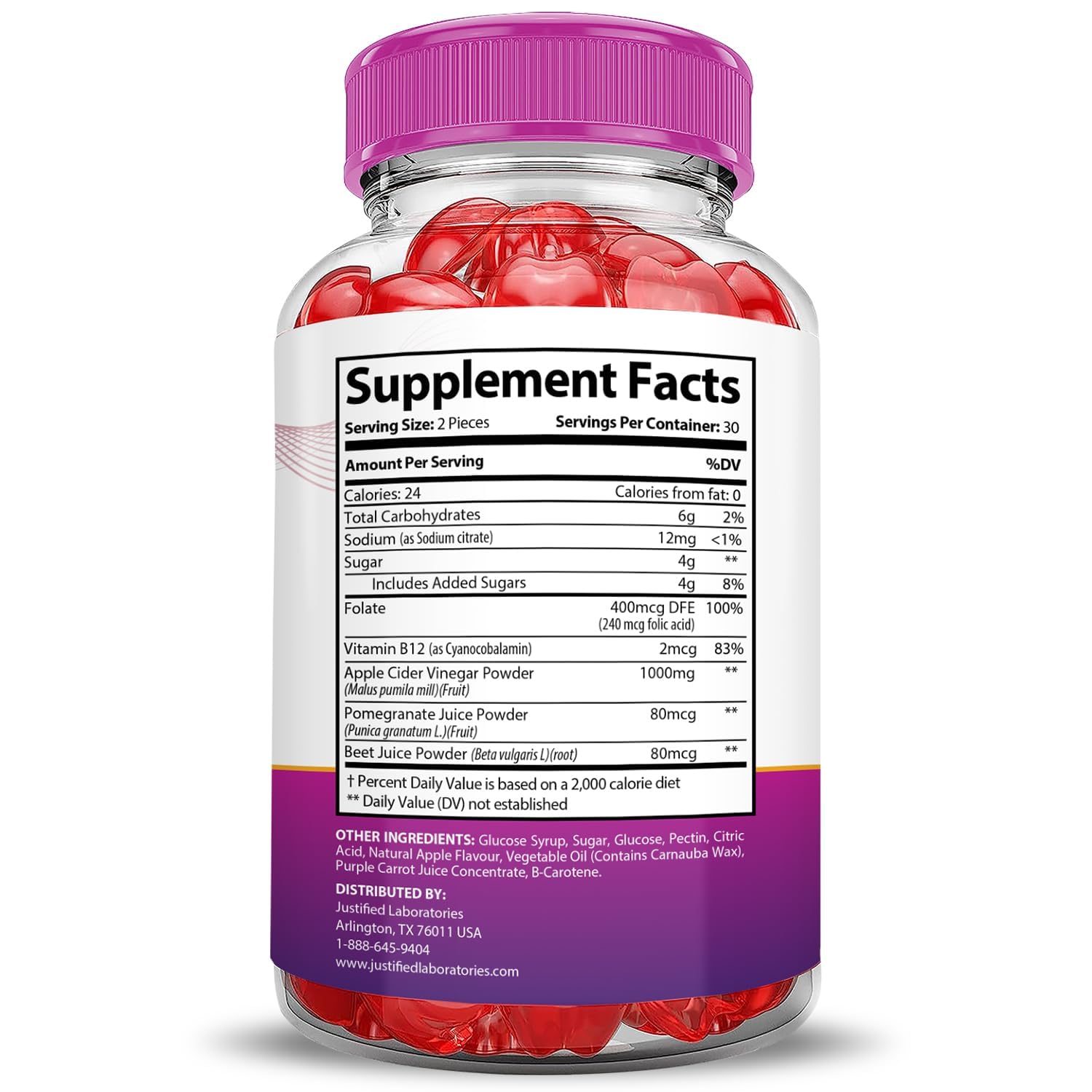 Justified Laboratories Ripped Results gummies bottle closeup emphasizes tasty, easy-to-chew formula