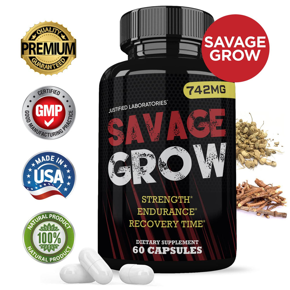 Justified Laboratories Savage Grow bottle label highlights all natural proprietary blend.