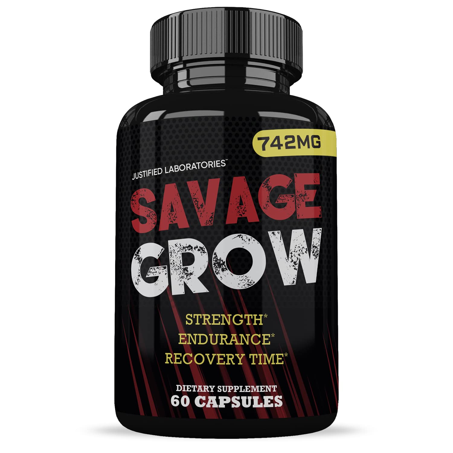 Justified Laboratories Savage Grow capsules closeup showcases natural ingredients for men's health.