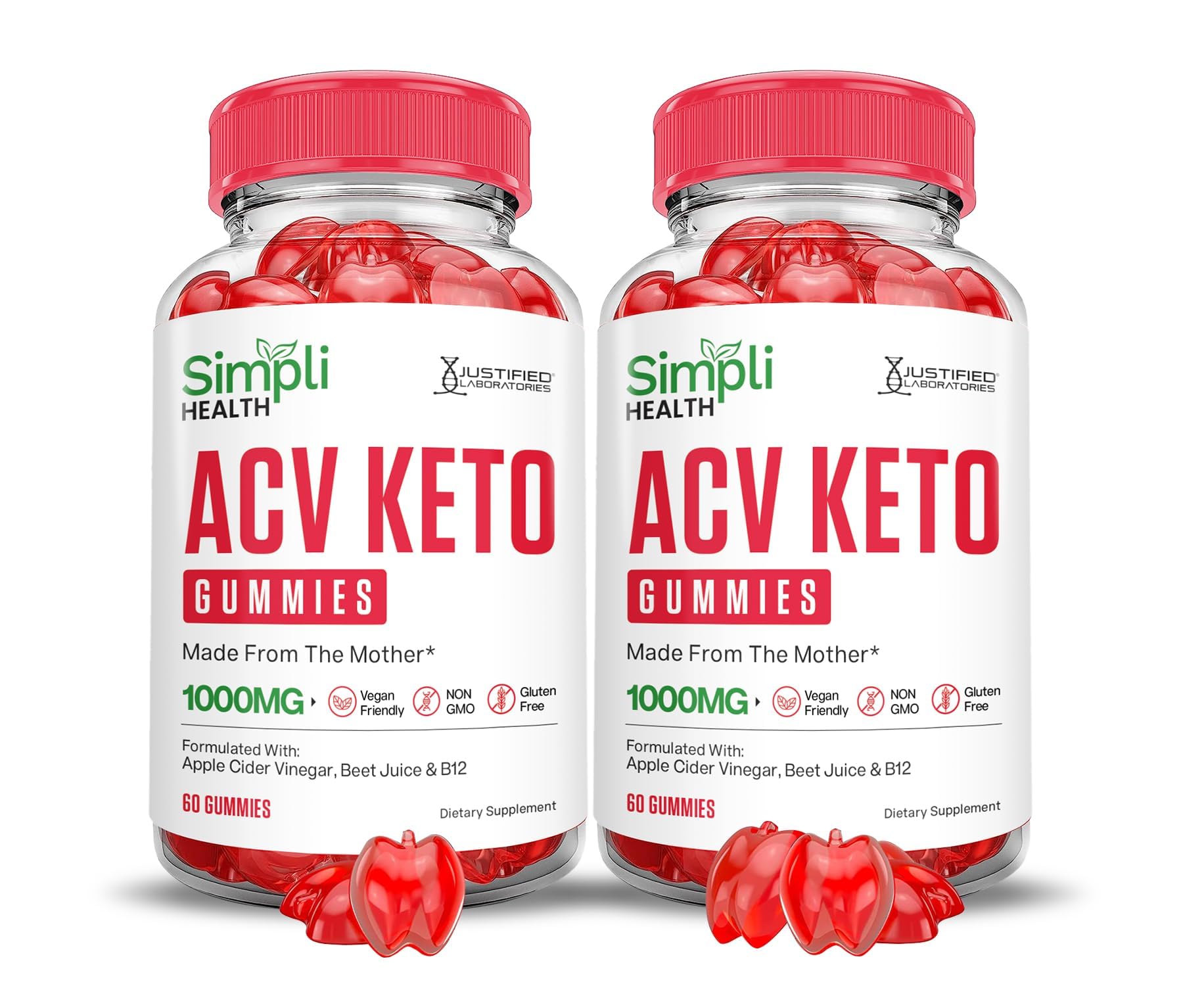 Justified Laboratories Simpli Health Keto ACV Gummies bottle promotes daily wellness with flavorful convenience.
