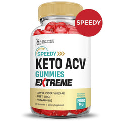 Beet juice and pomegranate accents on packaging of Justified Laboratories Speedy Keto ACV Gummies Extreme