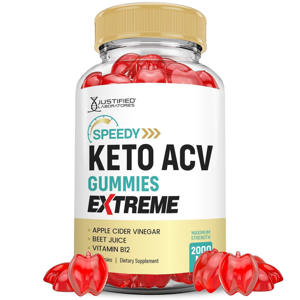 Justified Laboratories Speedy Keto ACV Gummies Extreme bottle showing vegan, high-ACV formula for daily use