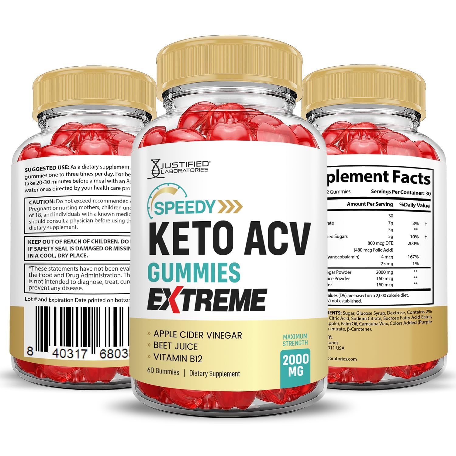 Quality assurance seals from GMP-certified facility and third-party testing on Justified Laboratories Speedy Keto ACV Gummies Extreme