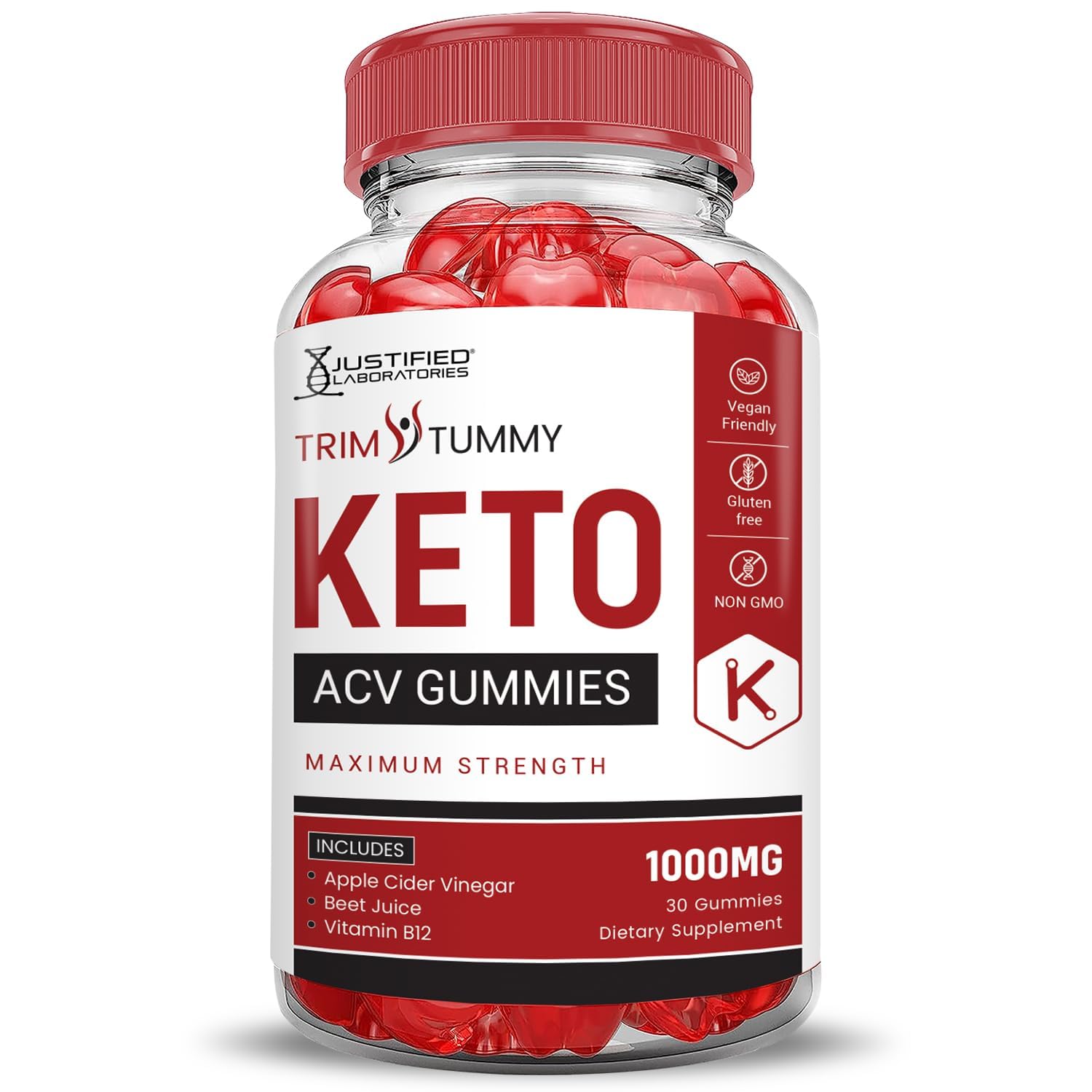 Beet-pomegranate ingredients visible in Justified Laboratories Trim Tummy Keto ACV gummies.