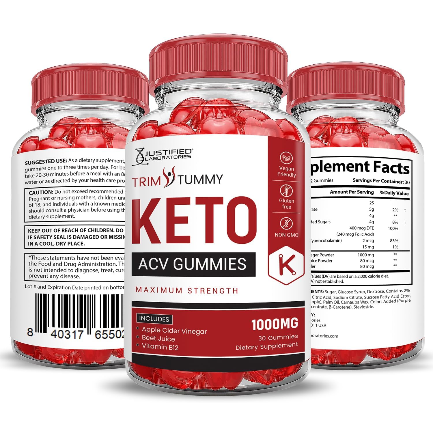Justified Laboratories Trim Tummy Keto ACV gummies for travel-friendly daily use.