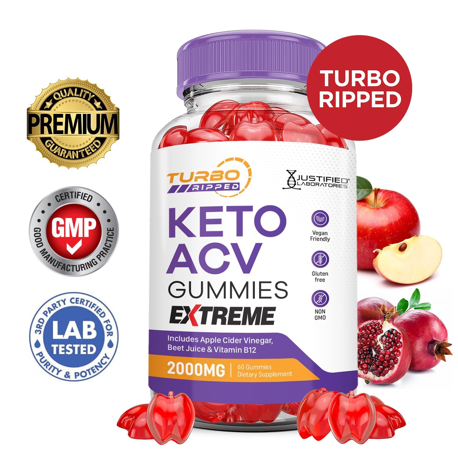 Justified Laboratories Turbo Ripped Keto ACV Gummies 2-pack front view for value.