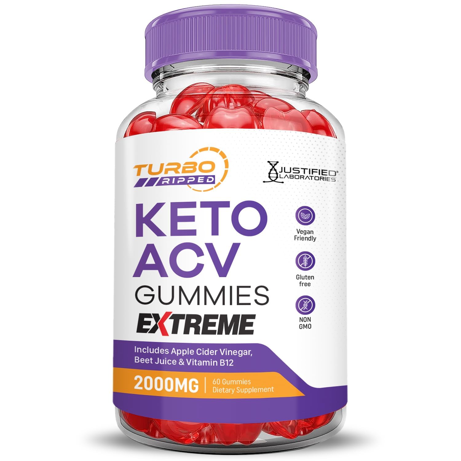 Justified Laboratories Turbo Ripped Keto ACV Gummies apple visual shows flavor profile.