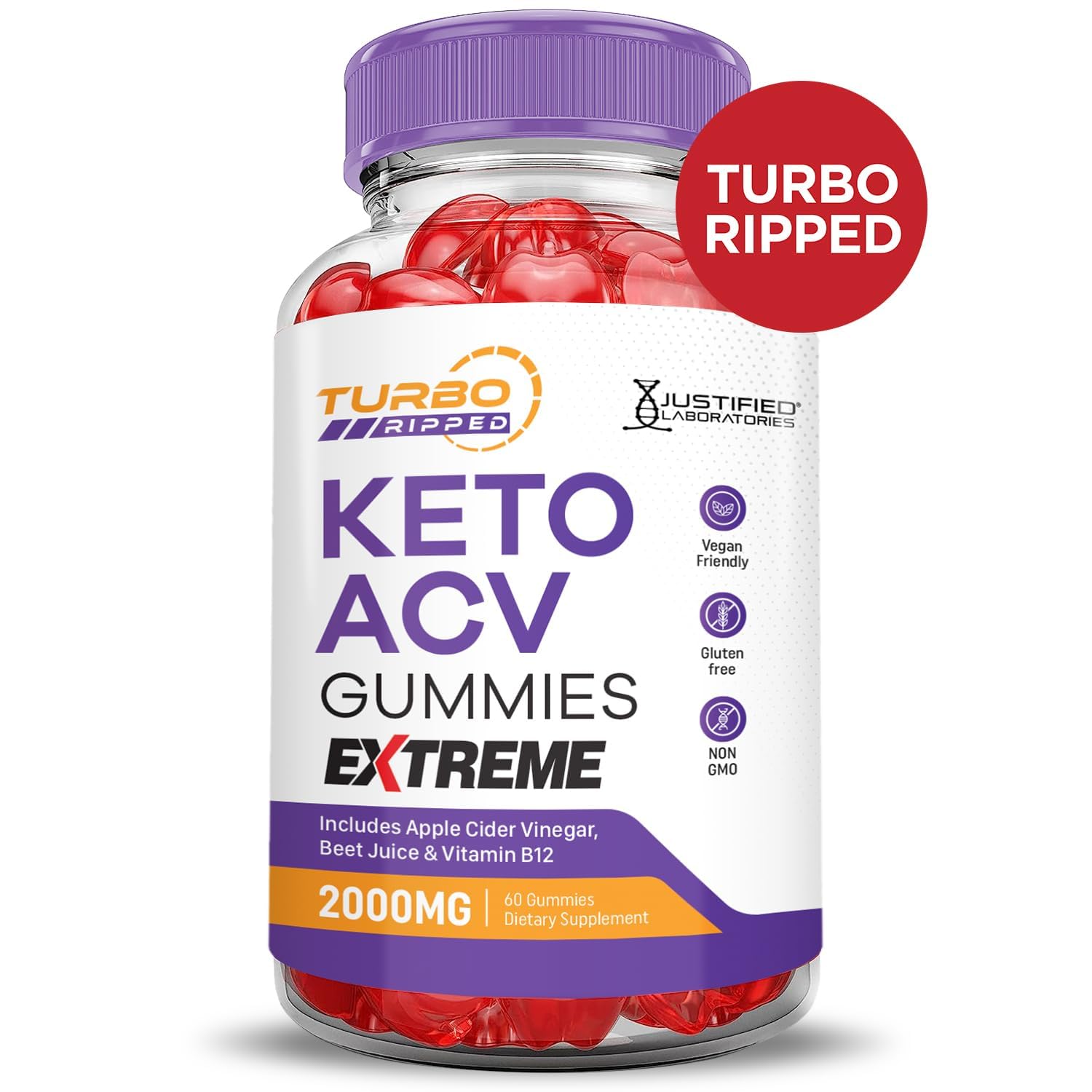 Justified Laboratories Turbo Ripped Keto ACV Gummies gummy closeup with vibrant texture.