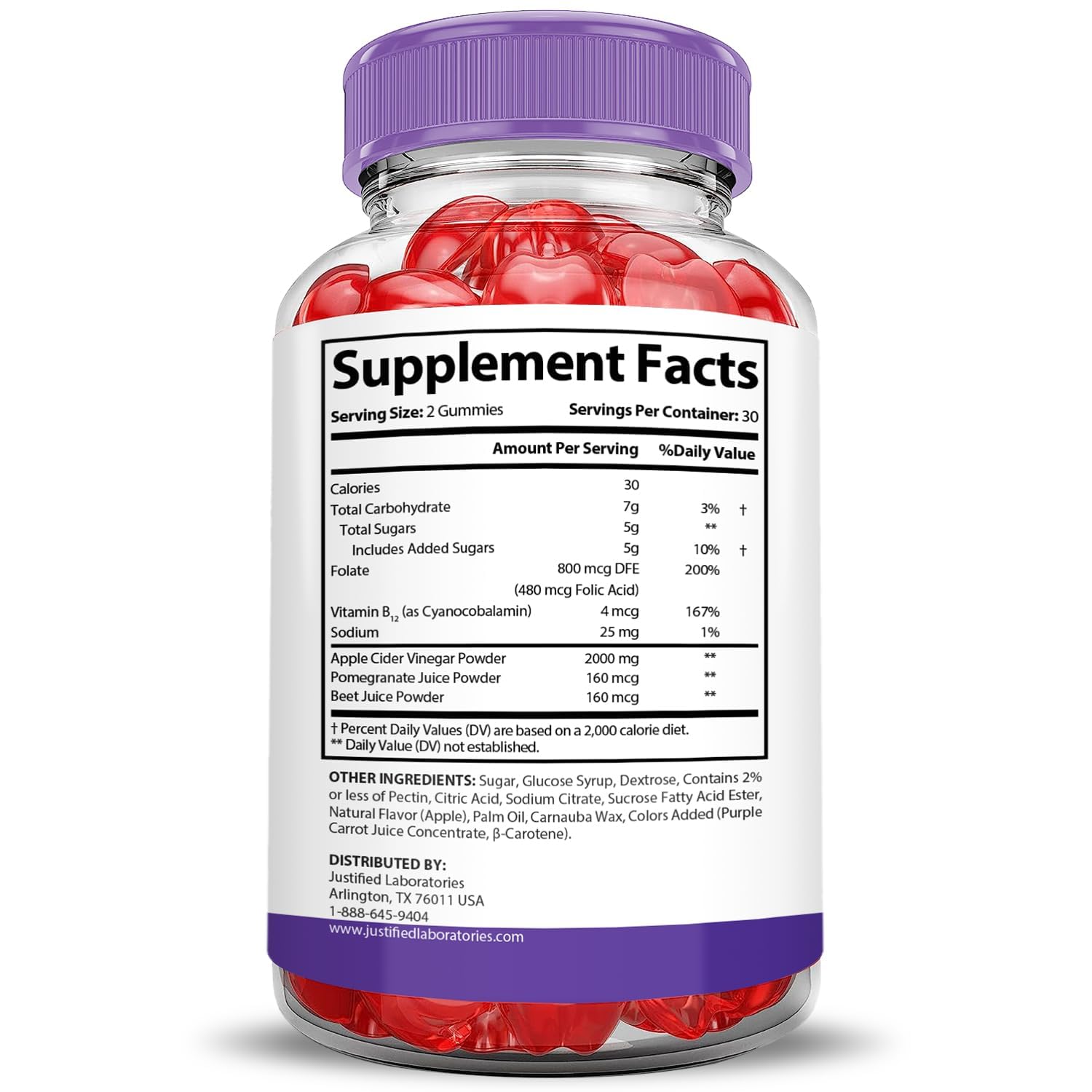 Justified Laboratories Turbo Ripped Keto ACV Gummies label closeup highlighting vegan, non-GMO features.