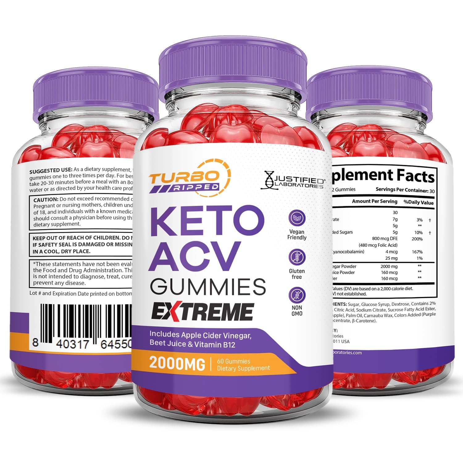 Justified Laboratories Turbo Ripped Keto ACV Gummies vegan status badge.