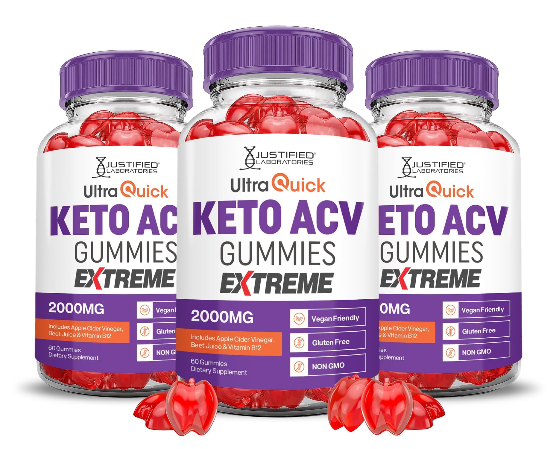Justified Laboratories Ultra Quick Keto ACV Gummies 3-pack front view for on-the-go support.